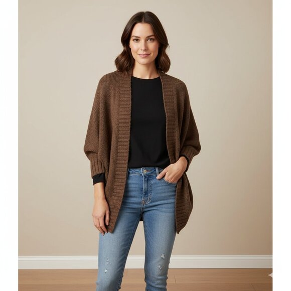 Olive & Oak Cardigan Sweater Cocoon Dolman Sleeve Open front Knit Buttons Brown - Picture 3 of 15